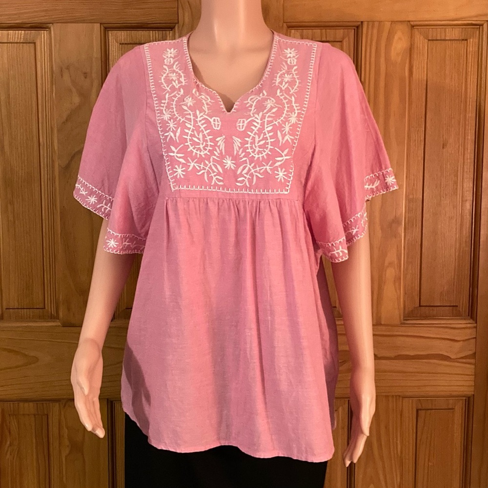NWOT Tantrums Vintage 90s Top Blouse Boho Short Sleeve Peasant Pink Size L Large